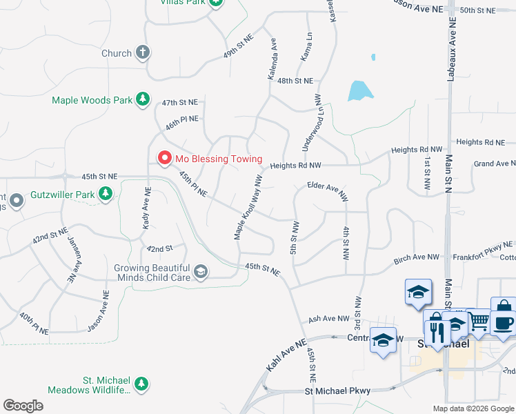 map of restaurants, bars, coffee shops, grocery stores, and more near 516 Dogwood Avenue Northwest in Saint Michael