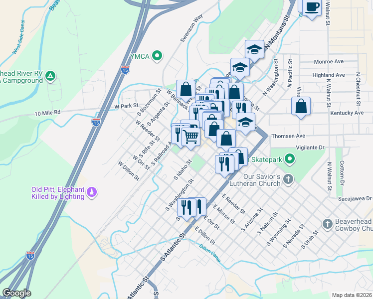 map of restaurants, bars, coffee shops, grocery stores, and more near in Dillon