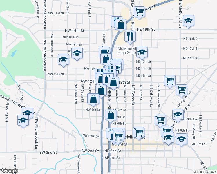 map of restaurants, bars, coffee shops, grocery stores, and more near 1111 Northeast Baker Street in McMinnville
