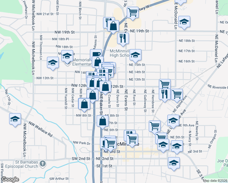 map of restaurants, bars, coffee shops, grocery stores, and more near 355 Northeast 11th Street in McMinnville