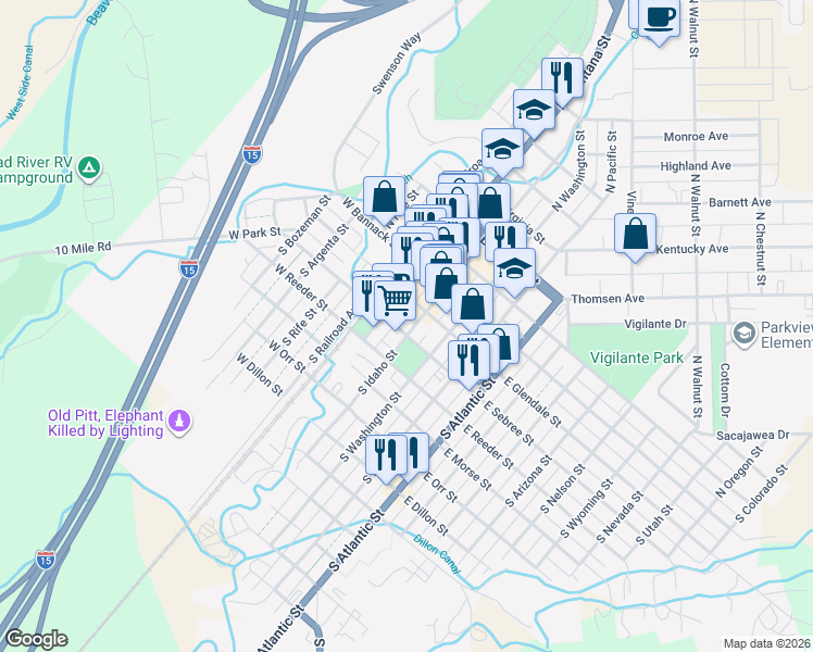 map of restaurants, bars, coffee shops, grocery stores, and more near 117 South Idaho Street in Dillon