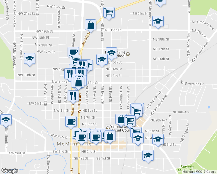 map of restaurants, bars, coffee shops, grocery stores, and more near 1115 Northeast Ford Street in McMinnville