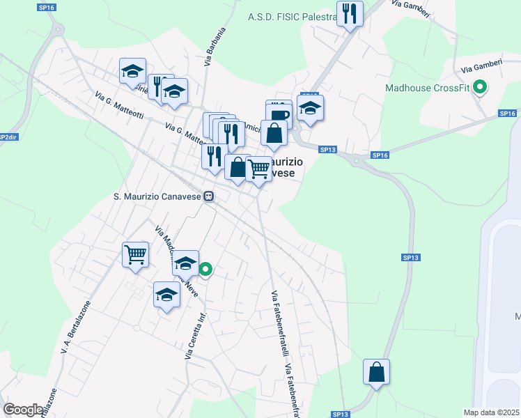 map of restaurants, bars, coffee shops, grocery stores, and more near 11 Via Fatebenefratelli in San Maurizio Canavese