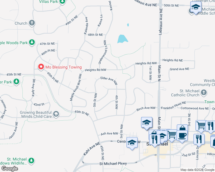 map of restaurants, bars, coffee shops, grocery stores, and more near 460 Dogwood Court Northwest in St. Michael