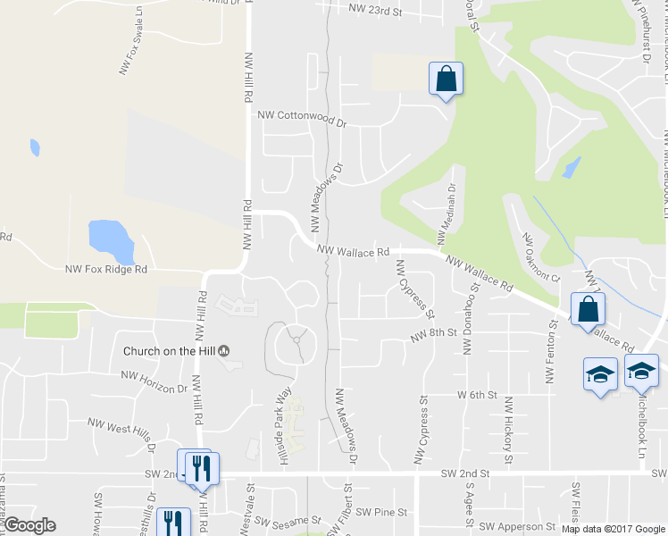 map of restaurants, bars, coffee shops, grocery stores, and more near 1251 Northwest Meadows Drive in McMinnville