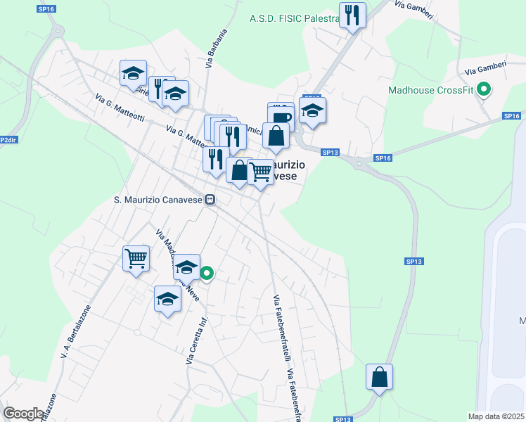 map of restaurants, bars, coffee shops, grocery stores, and more near 11 Via Fatebenefratelli in San Maurizio Canavese