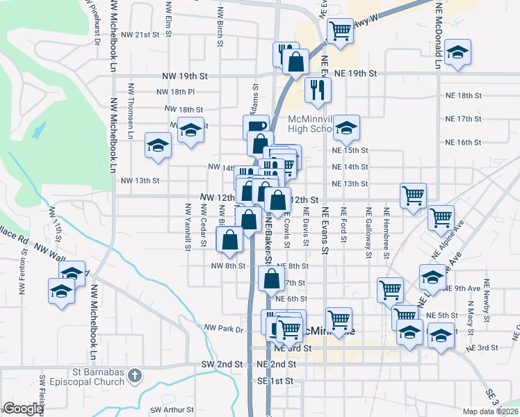 map of restaurants, bars, coffee shops, grocery stores, and more near 1111 Northeast Baker Street in McMinnville