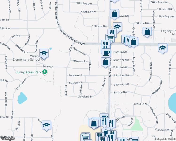 map of restaurants, bars, coffee shops, grocery stores, and more near 1334 Sunny Lane in Anoka
