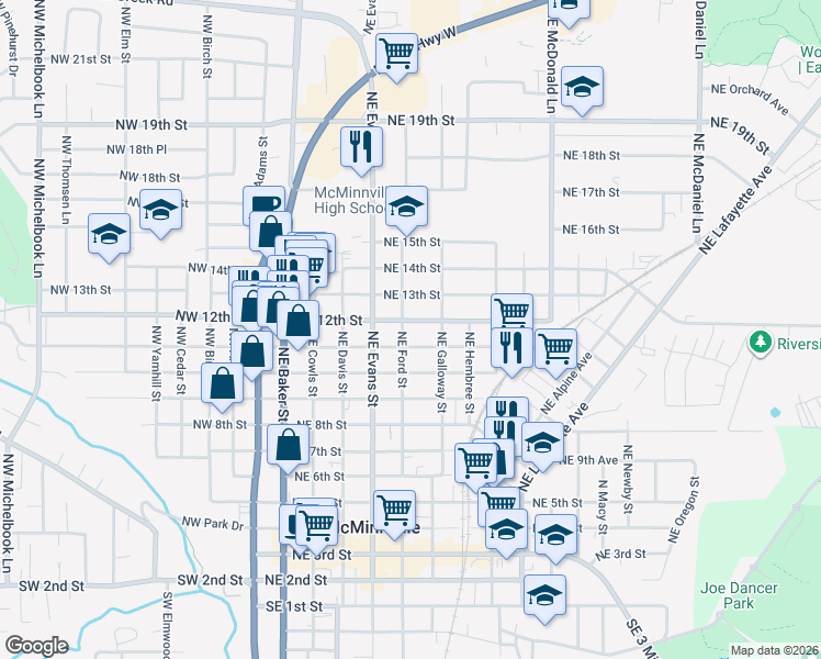 map of restaurants, bars, coffee shops, grocery stores, and more near 1115 Northeast Ford Street in McMinnville