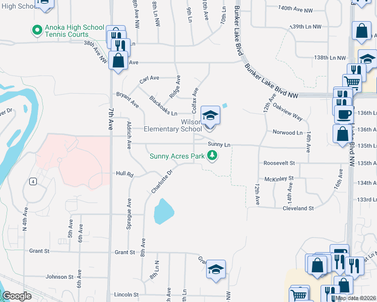 map of restaurants, bars, coffee shops, grocery stores, and more near 3308 Bryant Avenue in Anoka