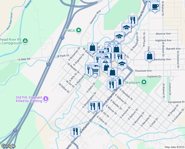 map of restaurants, bars, coffee shops, grocery stores, and more near South Montana Street in Dillon