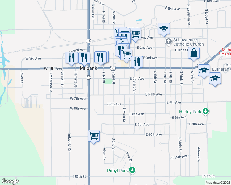 map of restaurants, bars, coffee shops, grocery stores, and more near 600 South 2nd Street in Milbank