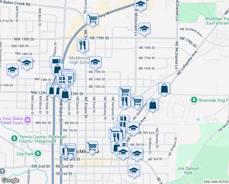 map of restaurants, bars, coffee shops, grocery stores, and more near 815 Northeast 12th Street in McMinnville