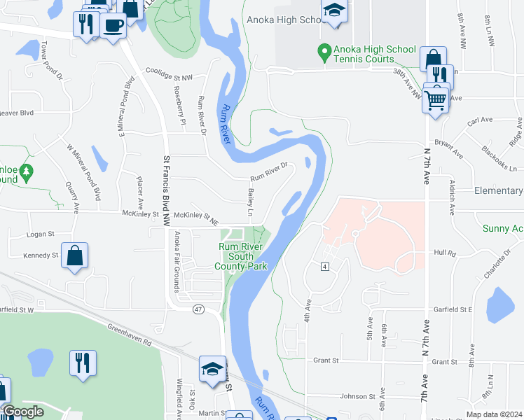 map of restaurants, bars, coffee shops, grocery stores, and more near 3411 Rum River Drive in Anoka