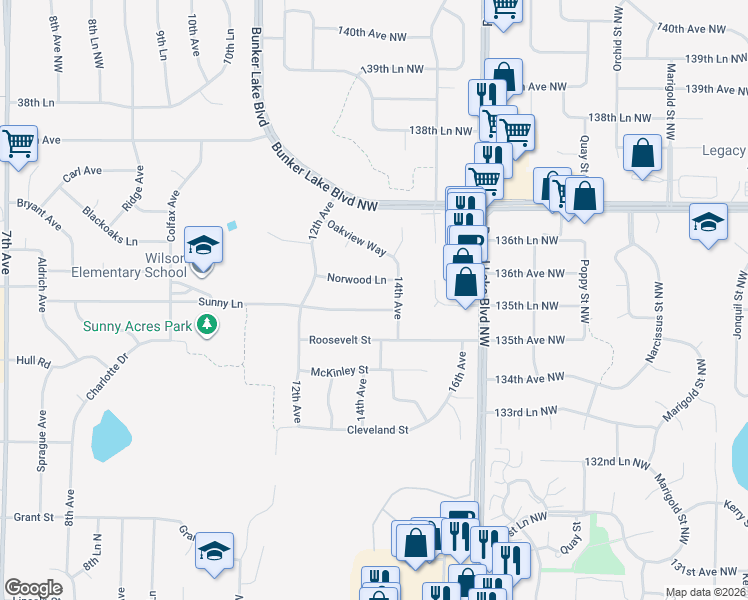map of restaurants, bars, coffee shops, grocery stores, and more near 1334 Sunny Lane in Anoka