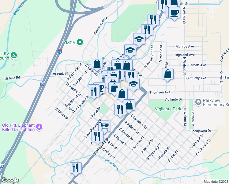 map of restaurants, bars, coffee shops, grocery stores, and more near 23 North Idaho Street in Dillon