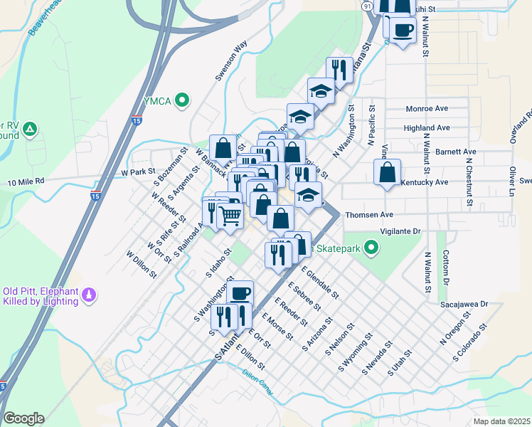 map of restaurants, bars, coffee shops, grocery stores, and more near 23 North Idaho Street in Dillon