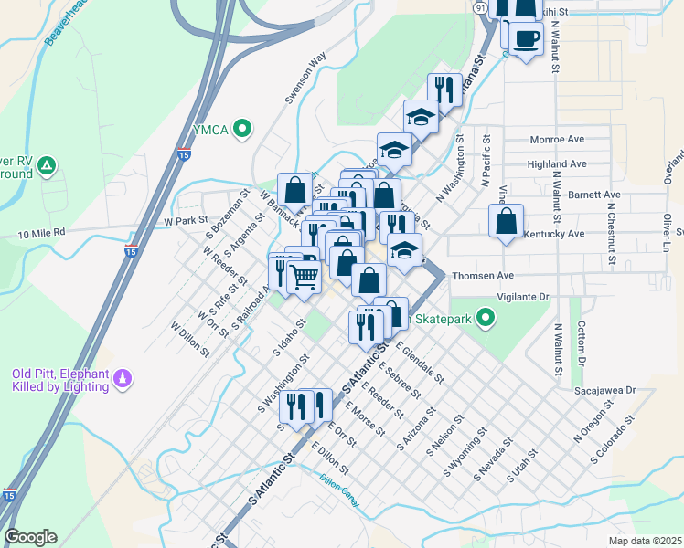 map of restaurants, bars, coffee shops, grocery stores, and more near 23 North Idaho Street in Dillon