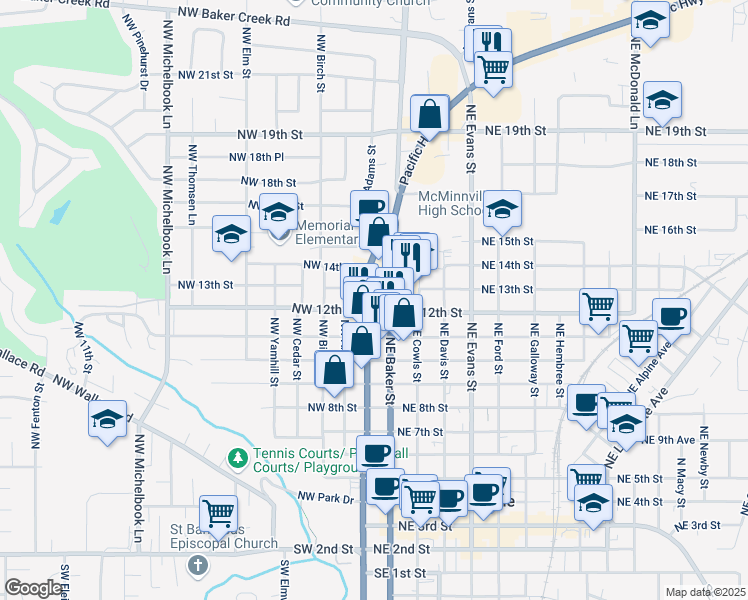 map of restaurants, bars, coffee shops, grocery stores, and more near 1411-1471 Northeast Baker Street in McMinnville