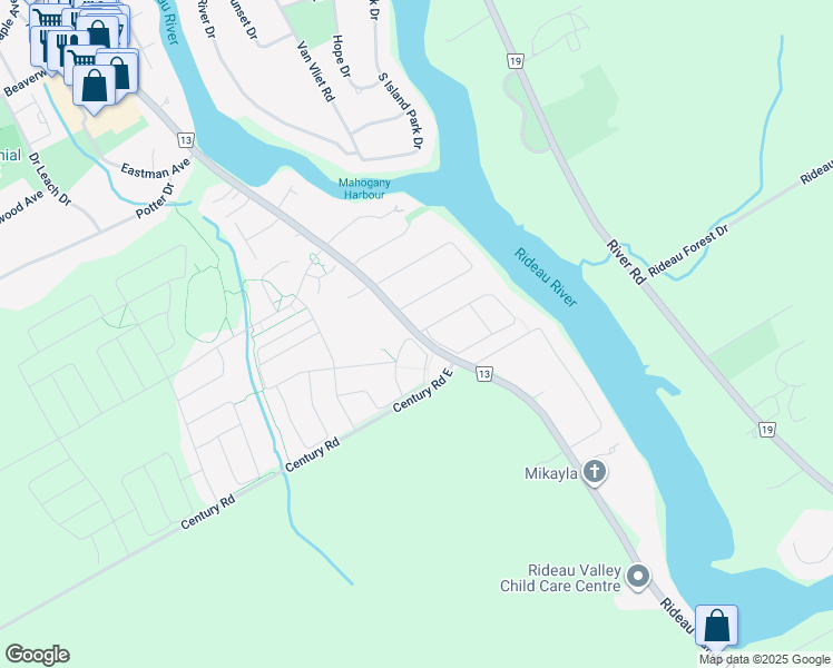 map of restaurants, bars, coffee shops, grocery stores, and more near Manotick Main Street in Ottawa