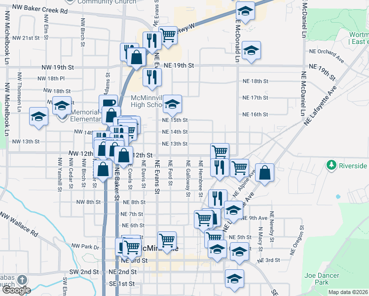 map of restaurants, bars, coffee shops, grocery stores, and more near 1321 Northeast Galloway Street in McMinnville