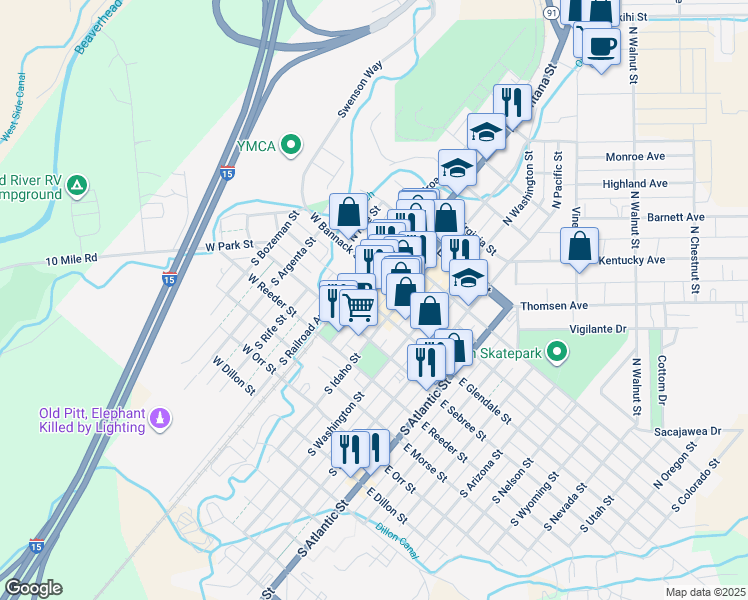 map of restaurants, bars, coffee shops, grocery stores, and more near 500 North Railroad Street in Dillon