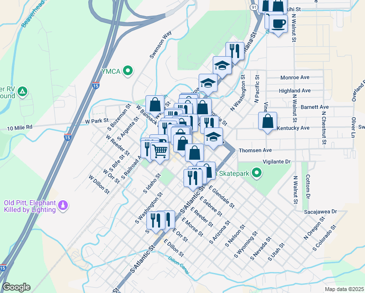 map of restaurants, bars, coffee shops, grocery stores, and more near 23 North Idaho Street in Dillon