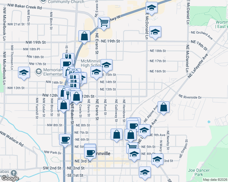 map of restaurants, bars, coffee shops, grocery stores, and more near 1321 Northeast Galloway Street in McMinnville