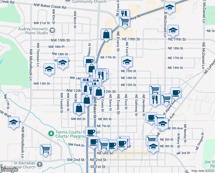 map of restaurants, bars, coffee shops, grocery stores, and more near 336 Northeast 13th Street in McMinnville