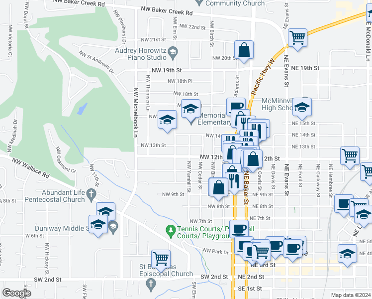 map of restaurants, bars, coffee shops, grocery stores, and more near 1225 Northwest Yamhill Street in McMinnville