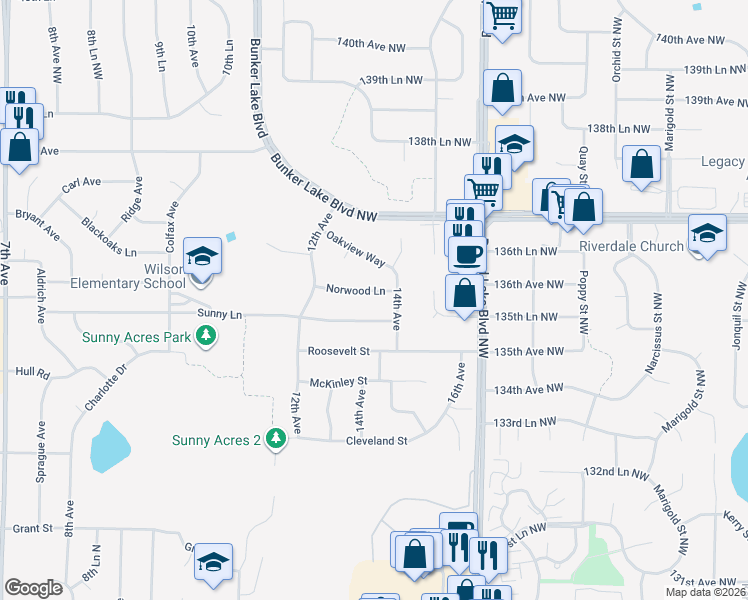 map of restaurants, bars, coffee shops, grocery stores, and more near 1327 Norwood Lane in Anoka