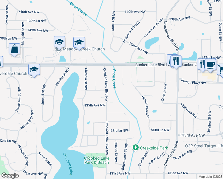 map of restaurants, bars, coffee shops, grocery stores, and more near 13606 Bittersweet Street Northwest in Andover