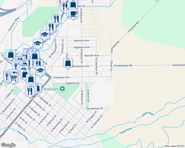 map of restaurants, bars, coffee shops, grocery stores, and more near 201-215 N Chestnut St in Dillon