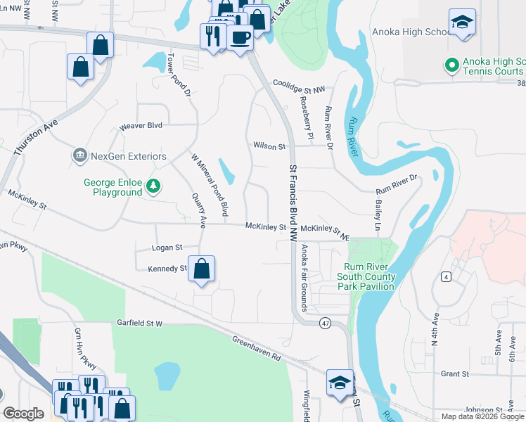 map of restaurants, bars, coffee shops, grocery stores, and more near 3441 Placer Avenue in Anoka