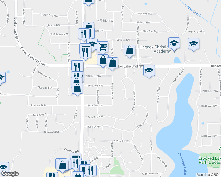 map of restaurants, bars, coffee shops, grocery stores, and more near 13586 Poppy Street Northwest in Andover