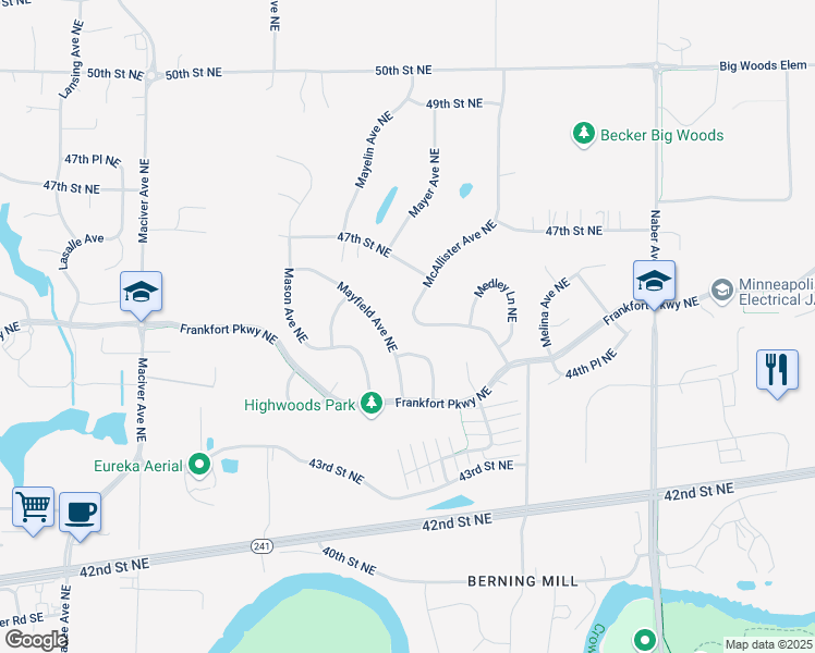 map of restaurants, bars, coffee shops, grocery stores, and more near 4534 McAllister Avenue Northeast in Saint Michael