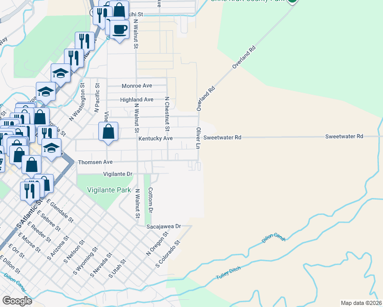 map of restaurants, bars, coffee shops, grocery stores, and more near 248 Oliver Lane in Dillon