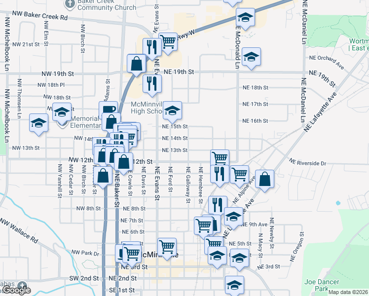 map of restaurants, bars, coffee shops, grocery stores, and more near 1321 Northeast Galloway Street in McMinnville