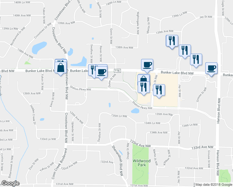 map of restaurants, bars, coffee shops, grocery stores, and more near 13638 Partridge Circle Northwest in Andover