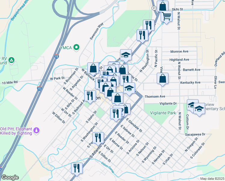 map of restaurants, bars, coffee shops, grocery stores, and more near 23 North Idaho Street in Dillon
