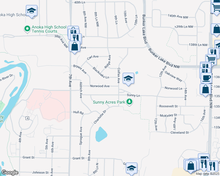 map of restaurants, bars, coffee shops, grocery stores, and more near 926 Norwood Avenue in Anoka