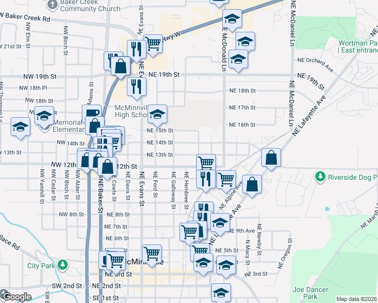 map of restaurants, bars, coffee shops, grocery stores, and more near 801 Northeast 13th Street in McMinnville