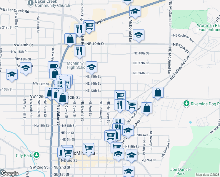 map of restaurants, bars, coffee shops, grocery stores, and more near 801 Northeast 13th Street in McMinnville