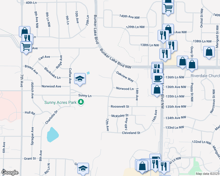 map of restaurants, bars, coffee shops, grocery stores, and more near 1203 Norwood Lane in Anoka