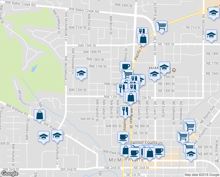 map of restaurants, bars, coffee shops, grocery stores, and more near 1305 Northwest Birch Street in McMinnville