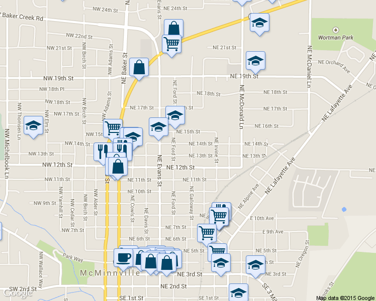 map of restaurants, bars, coffee shops, grocery stores, and more near 1321 Northeast Galloway Street in McMinnville
