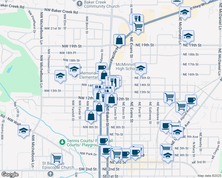 map of restaurants, bars, coffee shops, grocery stores, and more near 1411 Northeast Baker Street in McMinnville