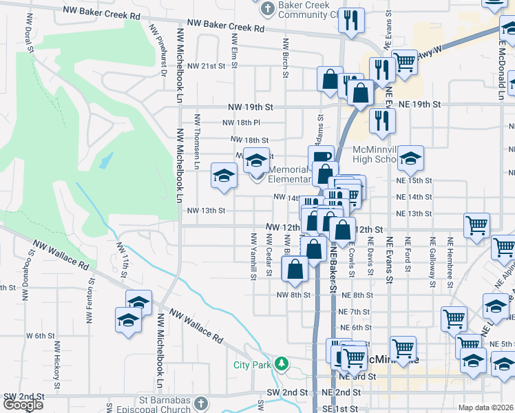 map of restaurants, bars, coffee shops, grocery stores, and more near 431 Northwest 13th Street in McMinnville