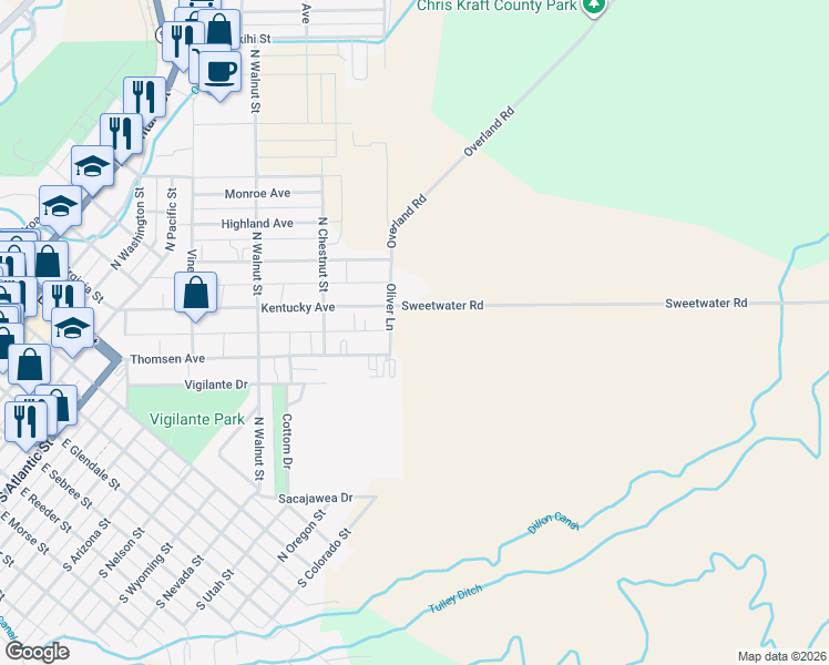 map of restaurants, bars, coffee shops, grocery stores, and more near 248 Oliver Lane in Dillon
