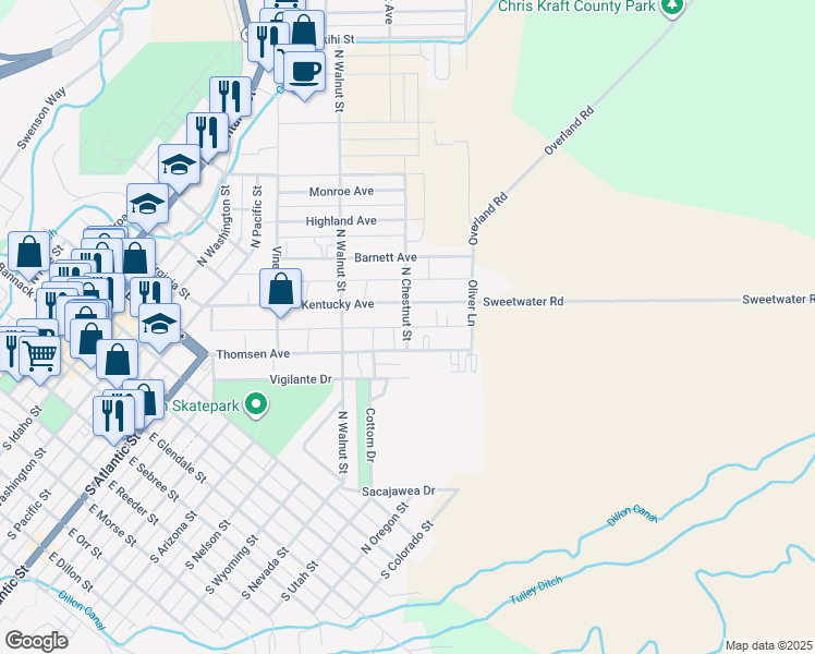 map of restaurants, bars, coffee shops, grocery stores, and more near 215 N Chestnut St in Dillon